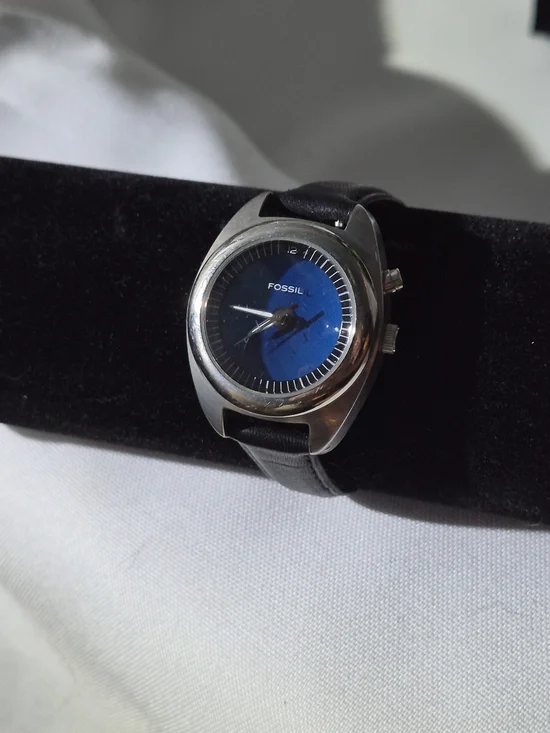 Fossil Blue Dial 31 mm Stainless Watch AM-3551 100m with Black Leather Strap - Picture 1 of 7